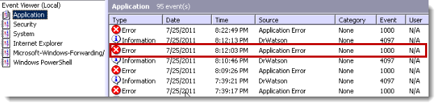Double-click the event log "Application Error"